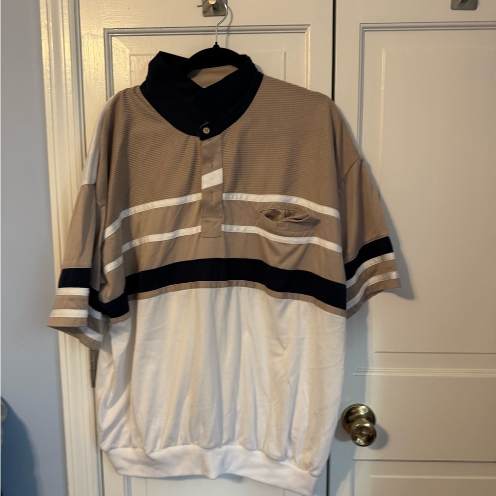 Classic Men's Striped Polo Shirt - Tan, Navy, and White. Versatile! Like new! - Picture 4 of 10